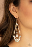 High-Ranking Radiance - Gold Earrings New Arrivals-Lovelee's Treasures-chandelier,earrings,glassy white rhinestones,gold,hammered,jewelry,new arrivals 5/6/21,solitaire white rhinestone,standard fishhook fitting