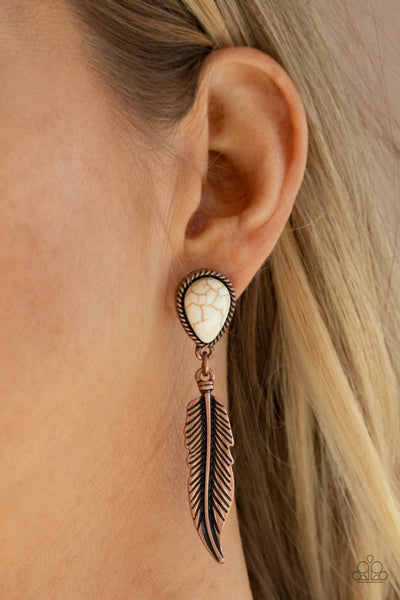 Totally Tran-QUILL Earrings-Lovelee's Treasures-copper,earrings,jewelry,lifelike copper feather charm,standard post fitting,white stone teardrop