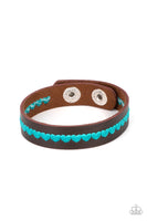 Made With Love - Blue  Bracelets New Arrivals-Lovelee's Treasures-adjustable snap closure,bracelets,brown leather band,jewelry,new arrivals,row of blue hearts is stitched,snap closure
