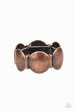 Going, Going, GONG! Bracelets-Lovelee's Treasures-beveled copper discs,bracelets,bubbly metallic look,copper,curved bar-like accents,jewelry,stretchy bands