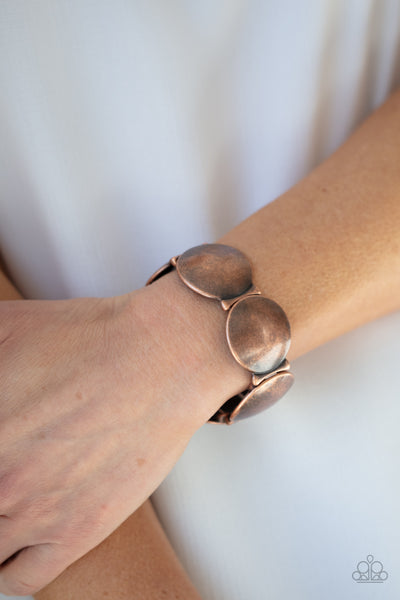 Going, Going, GONG! Bracelets-Lovelee's Treasures-beveled copper discs,bracelets,bubbly metallic look,copper,curved bar-like accents,jewelry,stretchy bands