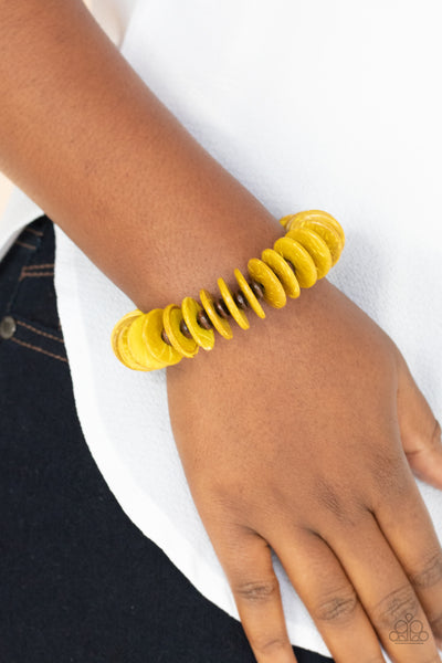 Paparazzi ~ Caribbean Reefs - Yellow Bracelets New Arrivals-Lovelee's Treasures-bracelets,earthy yellow wooden disc,jewelry,new arrivals 4/27/21,stretchy band