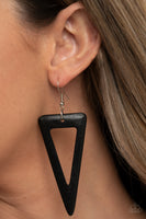 Paparazzi ~ Bermuda Backpacker Earrings-Lovelee's Treasures-black,earrings,jewelry,sharp triangular wooden frame,shiny black finish,standard fishhook fitting