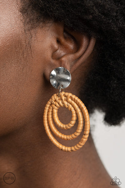 Whimsically Wicker  Earrings-Lovelee's Treasures-clip-on,earrings,hammered silver disc,hoops,jewelry,wicker-like cording