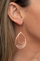 Outrageously Opulent Earrings-Lovelee's Treasures-copper,earrings,glittery white rhinestones,jewelry,overlapping shiny copper teardrop frame,standard fishhook fitting