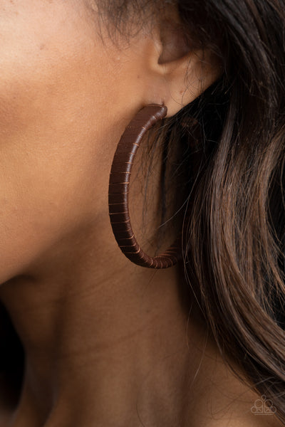 Paparazzi - Leather-Clad Legend - Brown  Earrings New Arrivals-Lovelee's Treasures-brown,earrings,hoop,hoops,jewelry,leather,standard post fitting