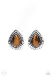 Desert Glow Earrings-Lovelee's Treasures-brown,earrings,hammered silver frame,jewelry,rustic display,standard clip-on fitting,teardrop Tiger's Eye stone