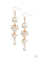 Paparazzi ~ Ageless Applique - Gold Earrings New Arrivals-Lovelee's Treasures-bubbly pearls,earrings,gold,jewelry,new arrivals 5/11/21,standard fishhook fitting,tasseled display,white pearls
