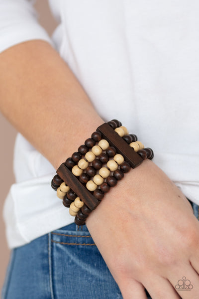 Paparazzi ~ Caribbean Catwalk - Brown Bracelets New Arrivals-Lovelee's Treasures-bracelets,brown,jewelry,stretchy band,White wooden beads