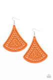 FAN to FAN - Orange Earrings-Lovelee's Treasures-airy stenciled pattern,earrings,jewelry,orange,standard fishhook fitting,triangular wooden frame,vivacious orange finish