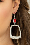 Material Girl Mod - Red Earrings New Arrivals-Lovelee's Treasures-earrings,jewelry,new arrivals,rectangular,red,silver frame,square hoop