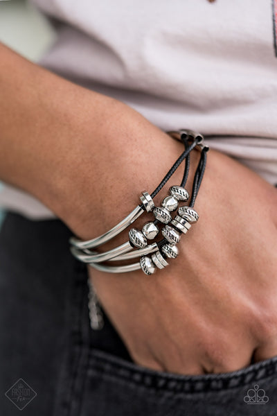 We Aim To Please - Black Bracelets New Arrivals-Lovelee's Treasures-black,bracelets,industrial look,jewelry,new arrivals 4/27/21,sliding bars,small antiqued silver loops