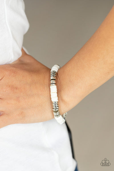 Paparazzi ~ Stacked In Your Favor - White Bracelets New Arrivals-Lovelee's Treasures-bracelets,jewelry,new arrivals,rubbery white discs,stretchy band,stretchy bracelets,white