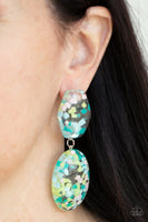 Flaky Fashion - Multi    Earrings-Lovelee's Treasures-acrylic,earrings,hexagona,jewelry,multi,multicolored confetti-like flakes,standard post fitting